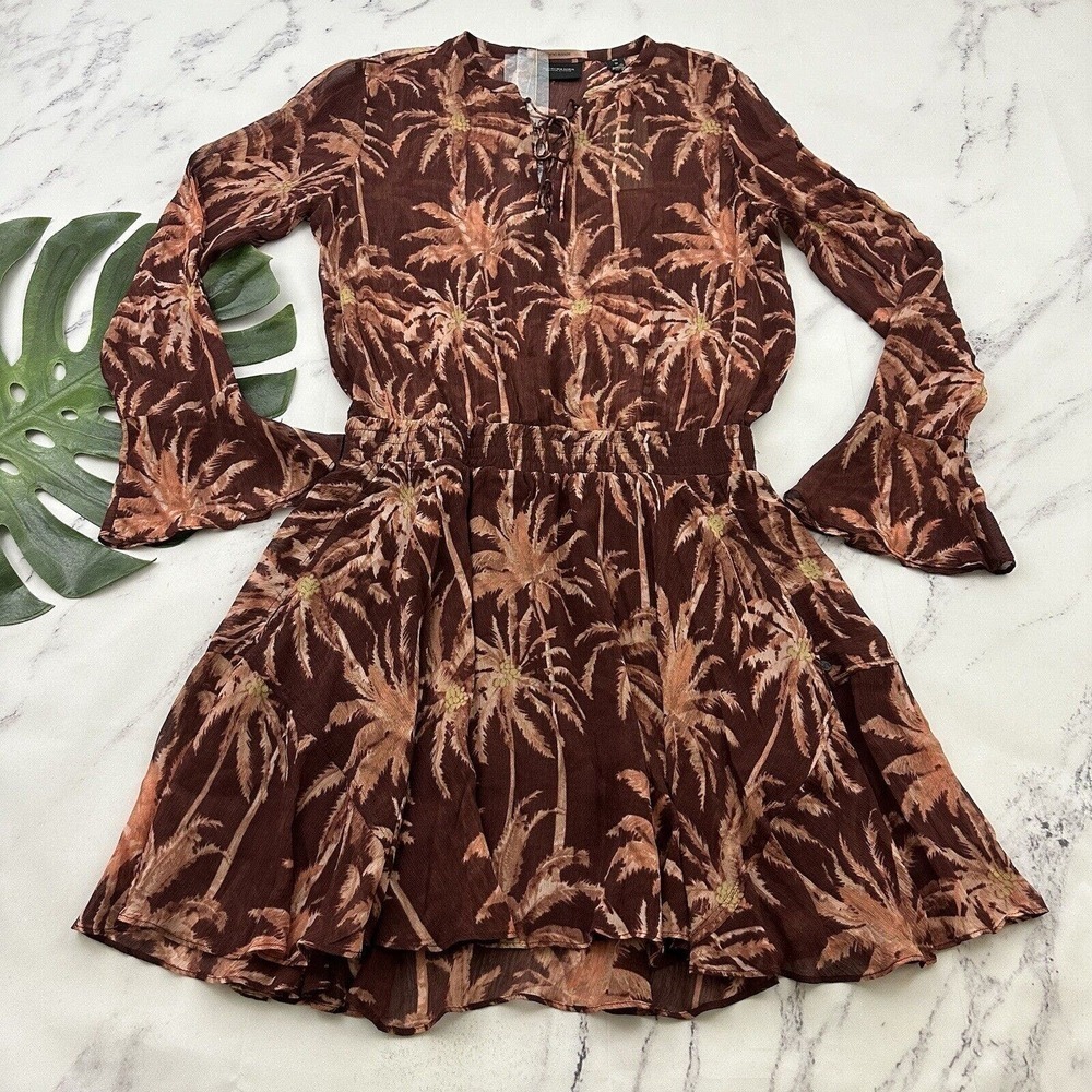 Scotch & Soda Womens Fading Roads Mini Dress Size M New Brown Palms Flutter